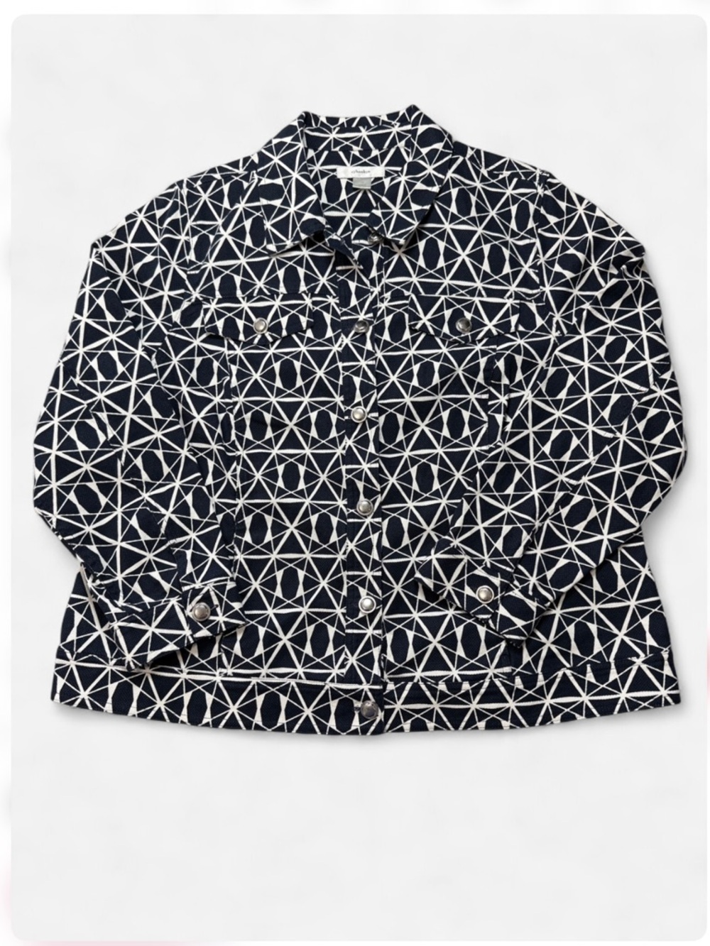 CJ Banks Navy and White Geometric Button Jacket Size 1X